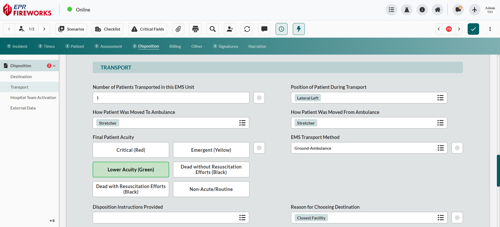 EPR FireWorks TRANSPORT section displaying patient count, position options, movement methods, and acuity selection buttons