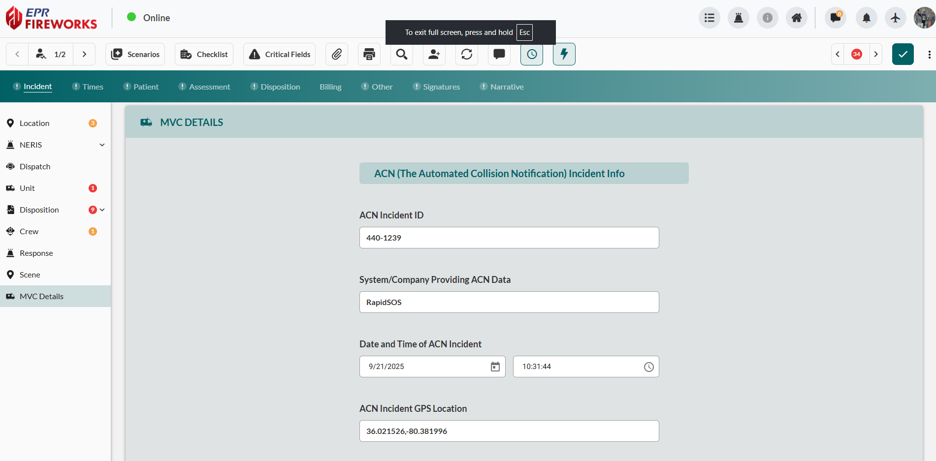 EPR FireWorks MVC Details section interface showing ACN fields and data entry areas