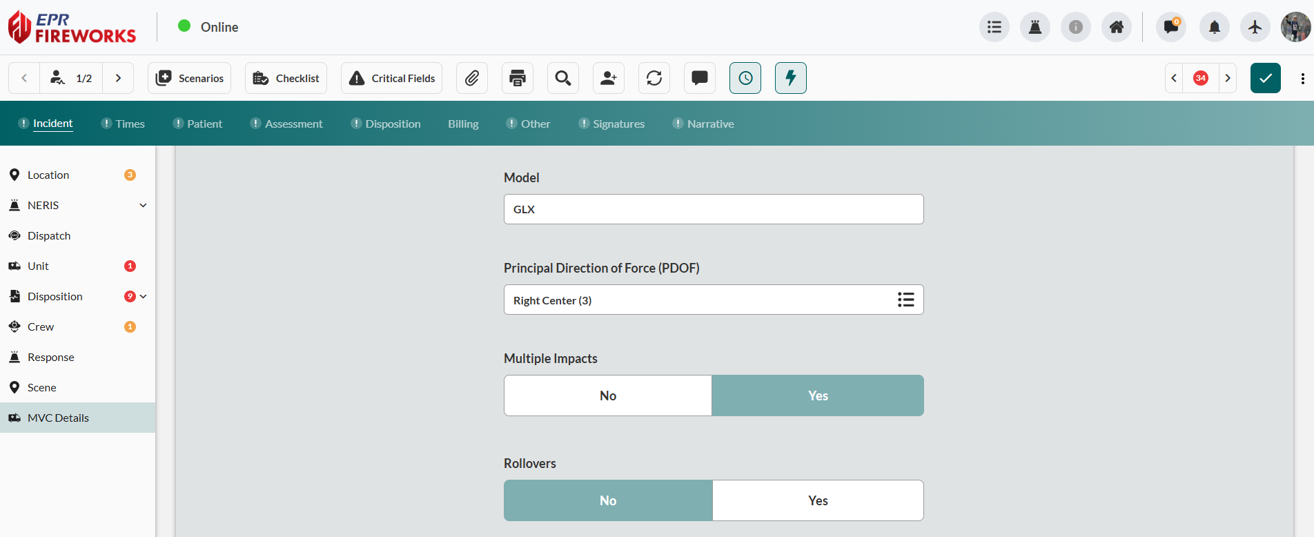 Vehicle information section with Body Type, Make, Year, and Principal Direction of Force fields