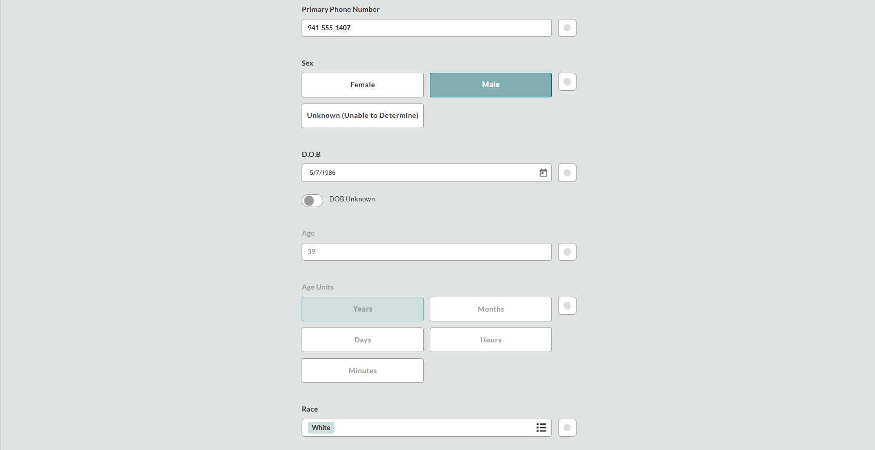 EPR FireWorks Patient Info section showing complete workflow from name entry fields through race selection. Interface displays all identification, contact, and demographic fields in a natural top-to-bottom data entry sequence