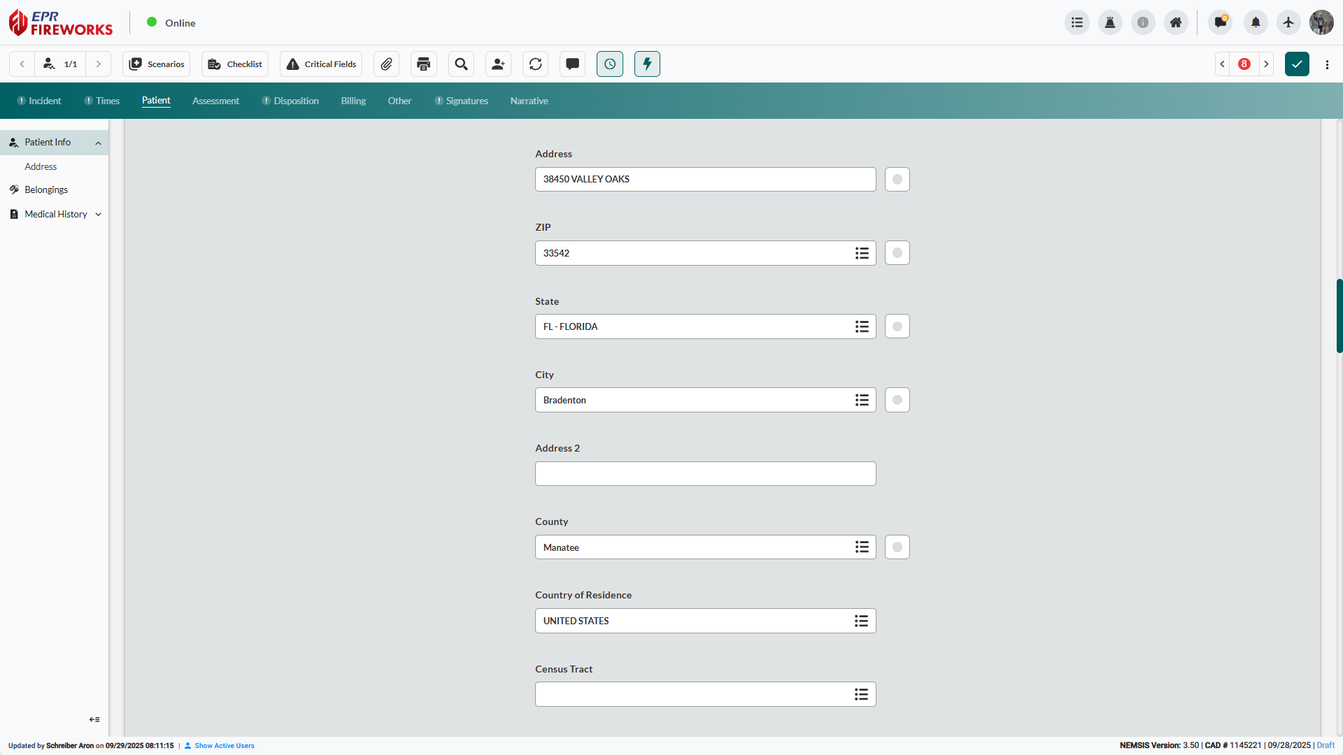 EPR FireWorks Address section showing complete workflow from the Copy from Incident Address button through international and census fields. Interface displays all address documentation fields, including street address, city, state, ZIP, country information, census tract