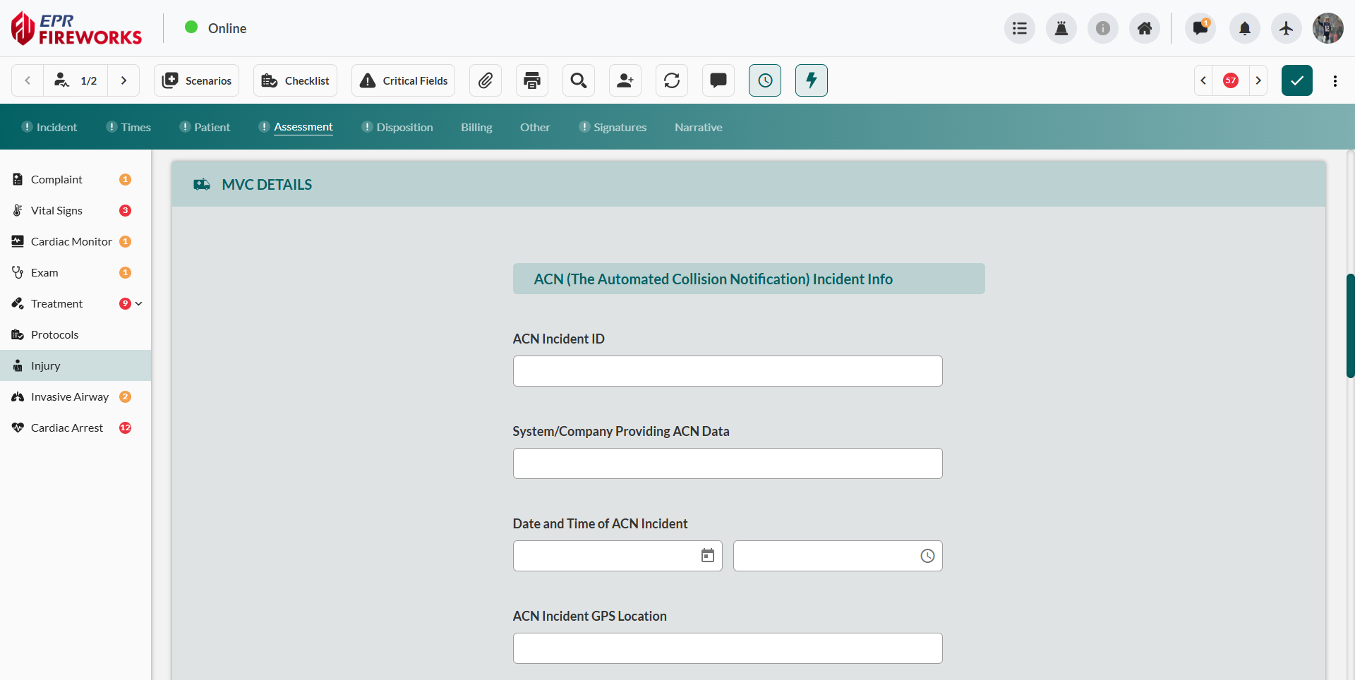 ACN Incident Info section showing text fields for incident ID system-company providing data date-time picker interface and GPS location field