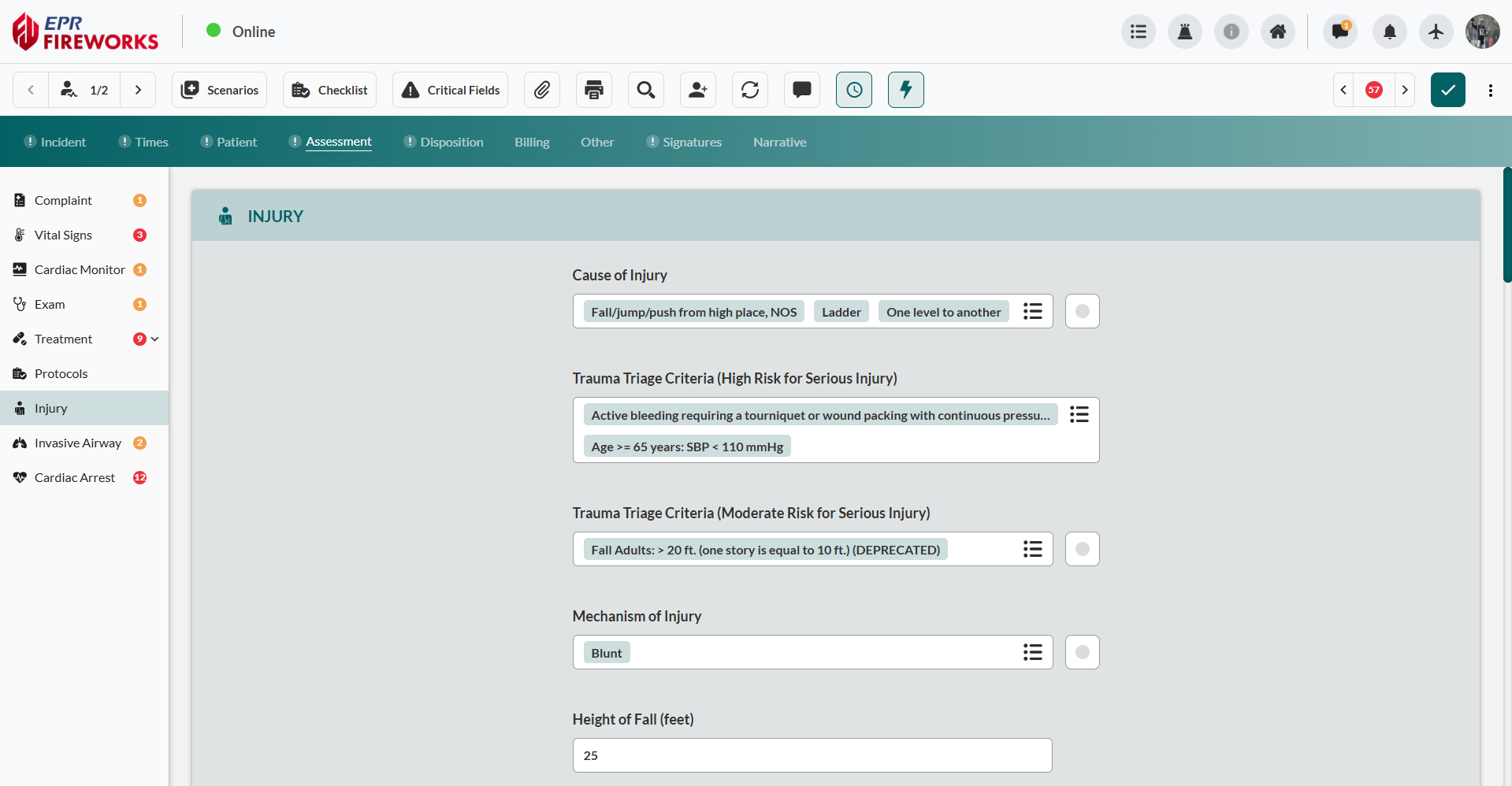 Injury section interface showing cause of injury dropdown, trauma triage criteria sections, mechanism selection
