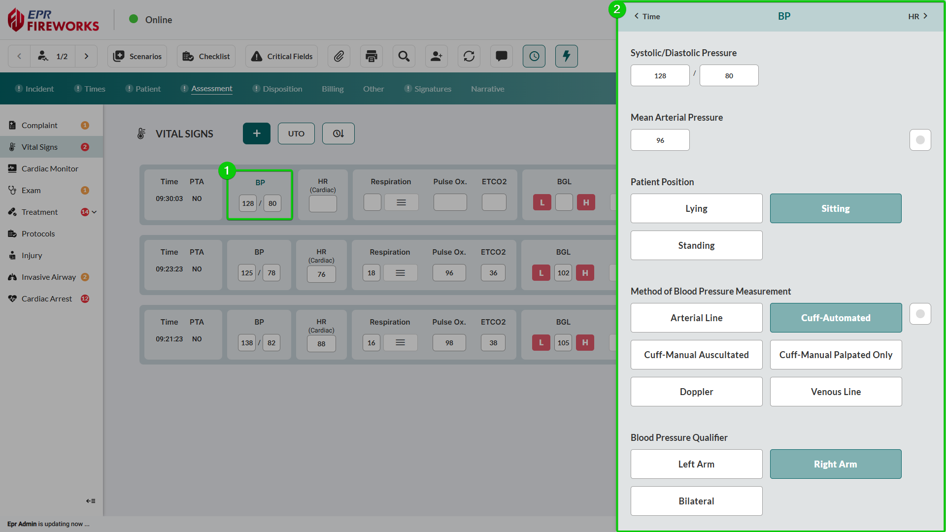 BP main row with systolic-diastolic fields and sidebar showing Mean Arterial Pressure Patient Position Method of Blood Pressure Measurement and Blood Pressure Qualifier options