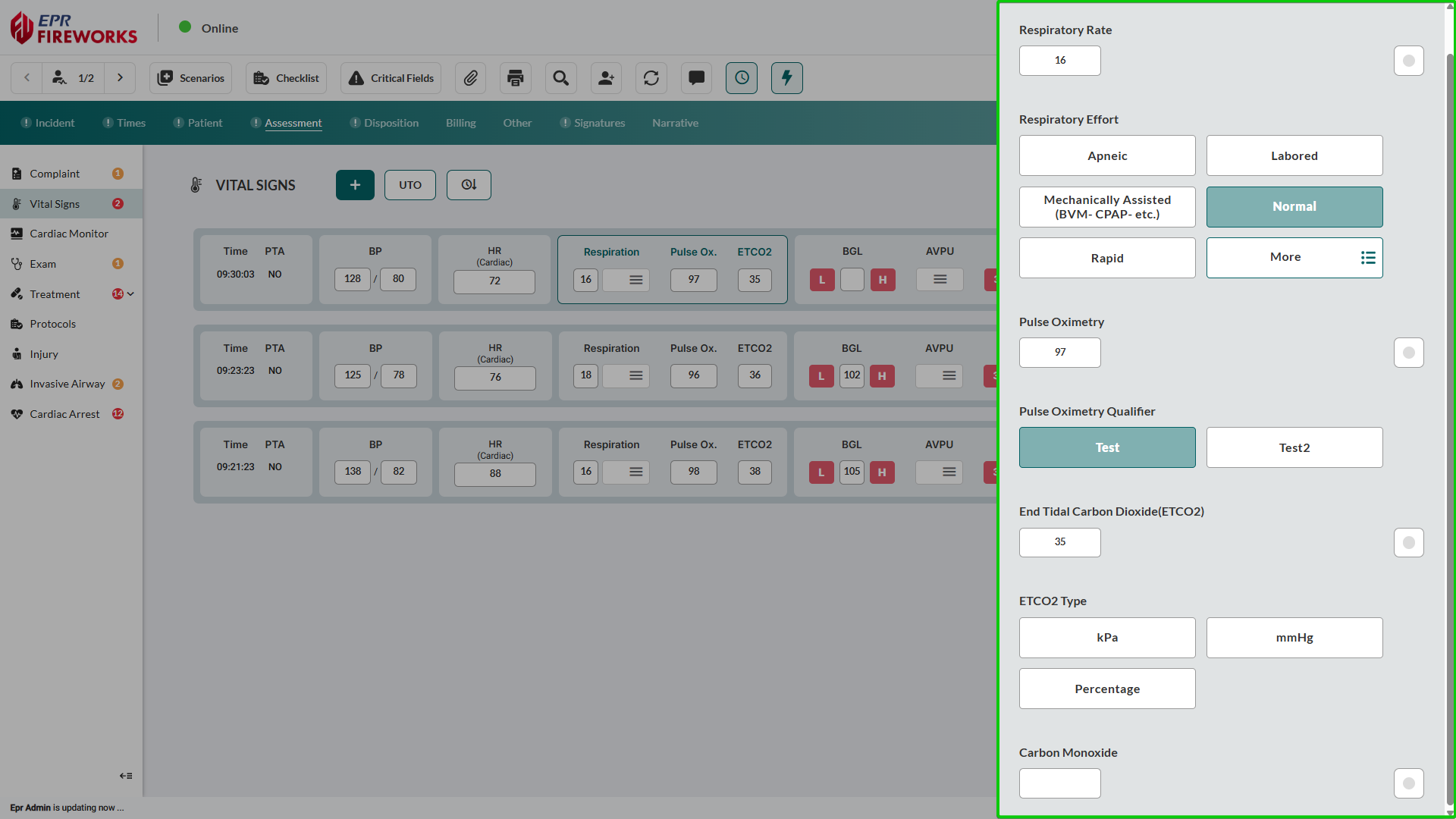 Respiration main row showing rate and effort fields with sidebar displaying Pulse Oximetry, Pulse Oximetry Qualifier, ETCO2, ETCO2 Type, and Carbon Monoxide