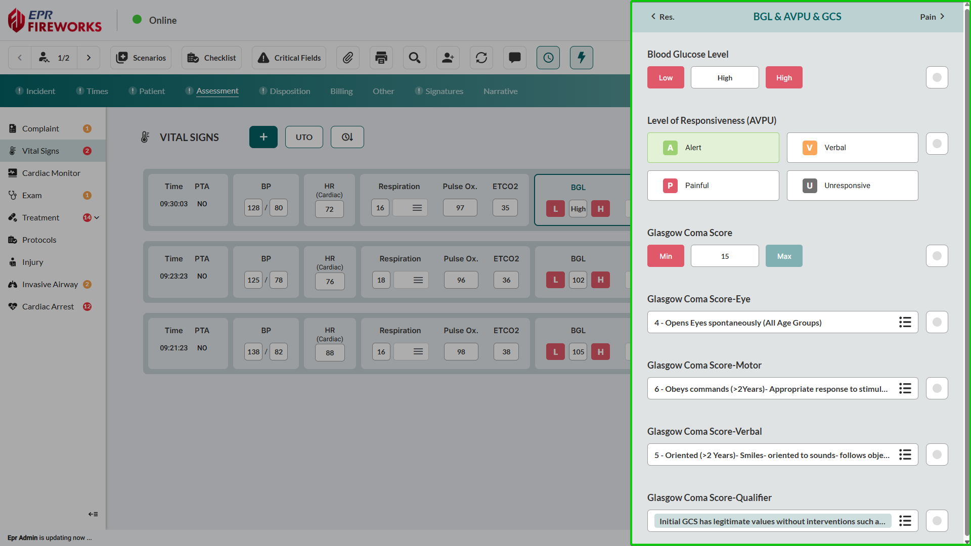BGL, AVPU selector, GCS component scores, and sidebar showing Blood Glucose Level qualifiers, AVPU options, Glasgow Coma Score range, and detailed GCS component selections with clinical descriptions