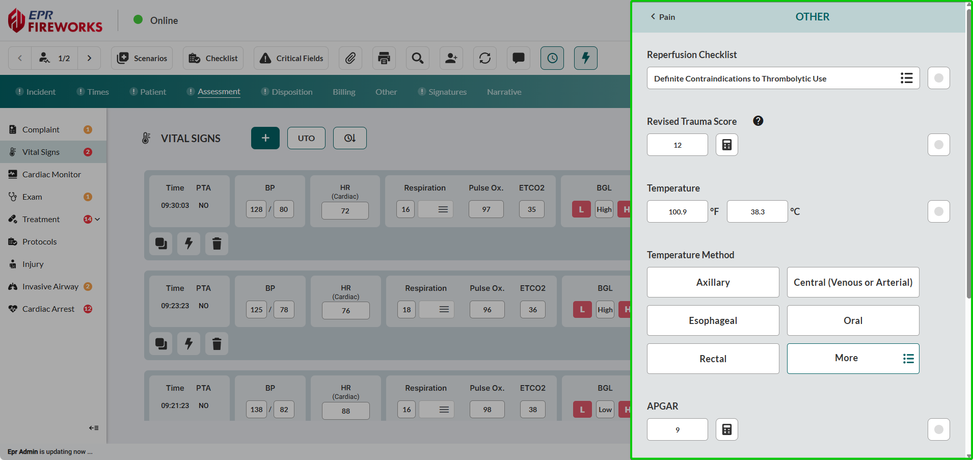OTHER sidebar showing (top to bottom) Reperfusion Checklist with expandable list button, Revised Trauma Score with calculator icon, Temperature with dual-unit selector and Method, APGAR with calculator icon
