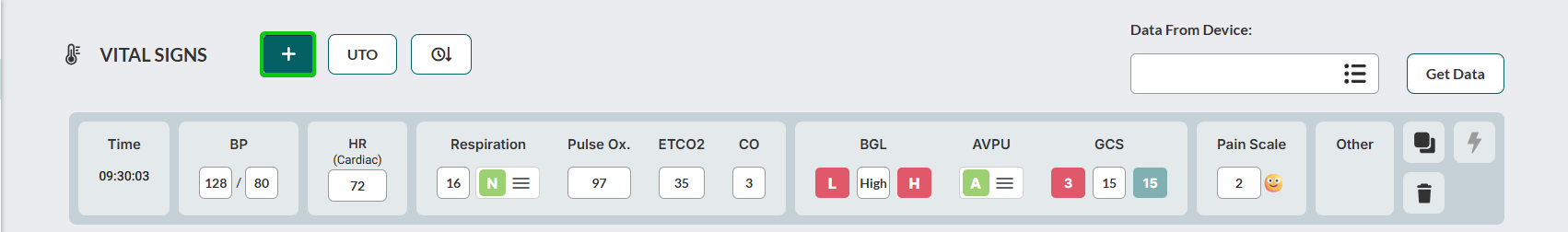 Vitals Signs row open with 'add' icon highlighted