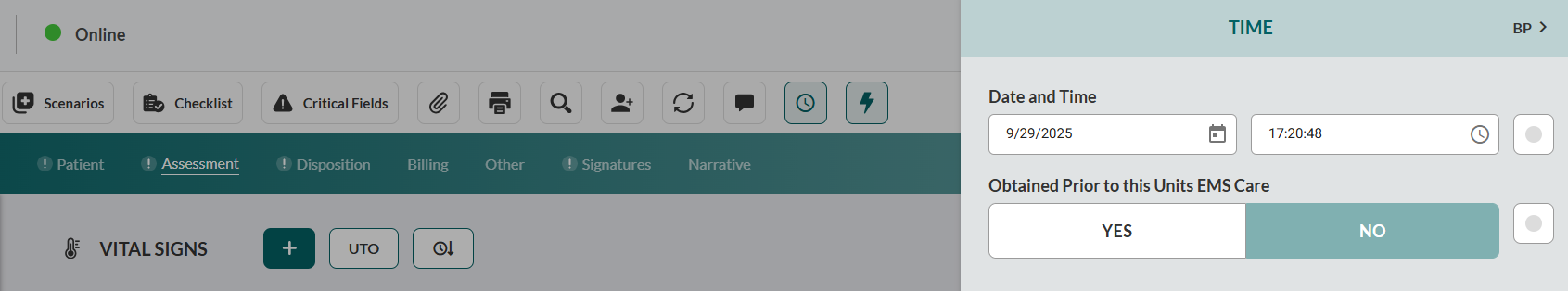 New Vitals row 'Time' sidebar opened for date time and PTA 