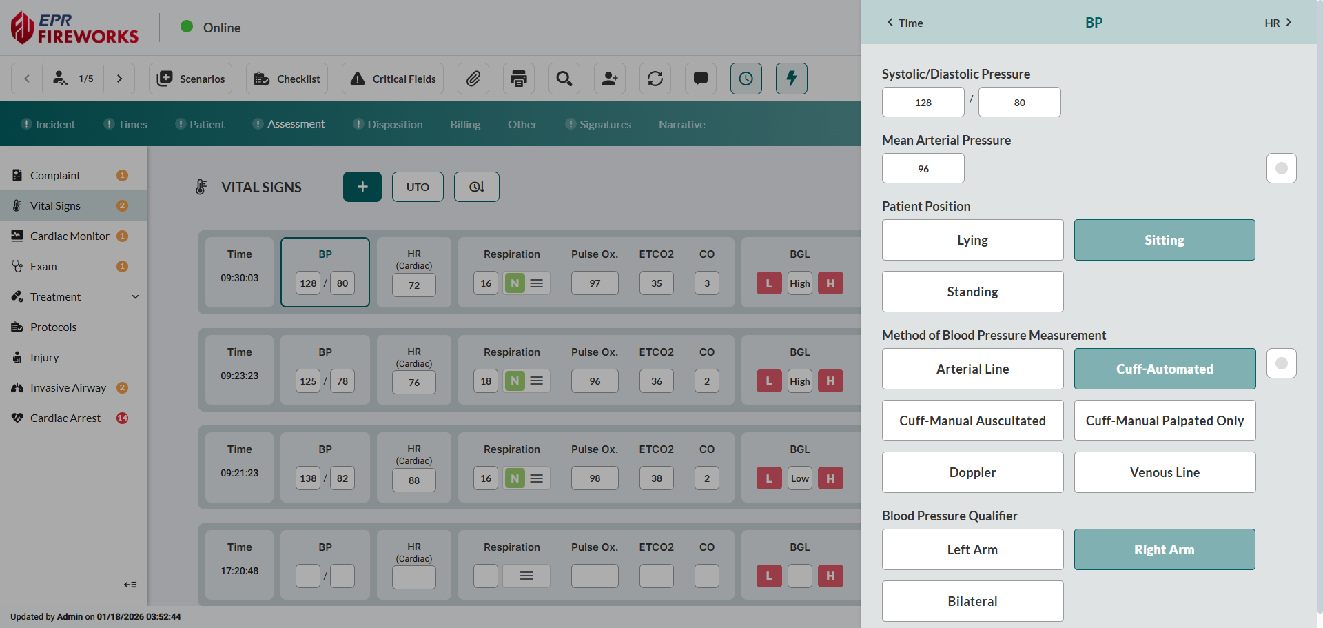 Comprehensive vital signs display with BP sidebar opened for full documentation