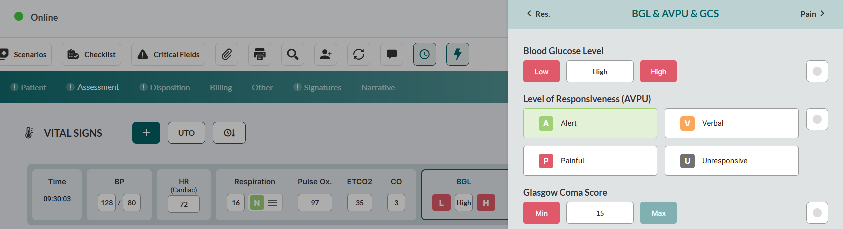 BGL-AVPU-GCS sidebar for neurological assessment