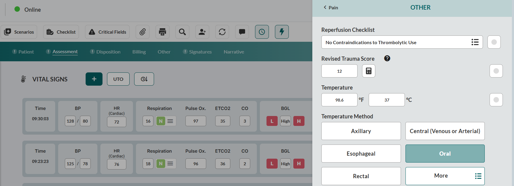 Other tab with Repurfusion Checklist, Revised Trauma Scorem Temperature value and method