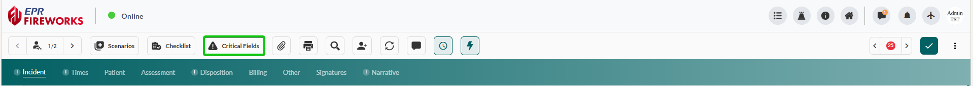Critical Fields icon - teal triangle with exclamation mark in top toolbar between Checklist and Attachment icons