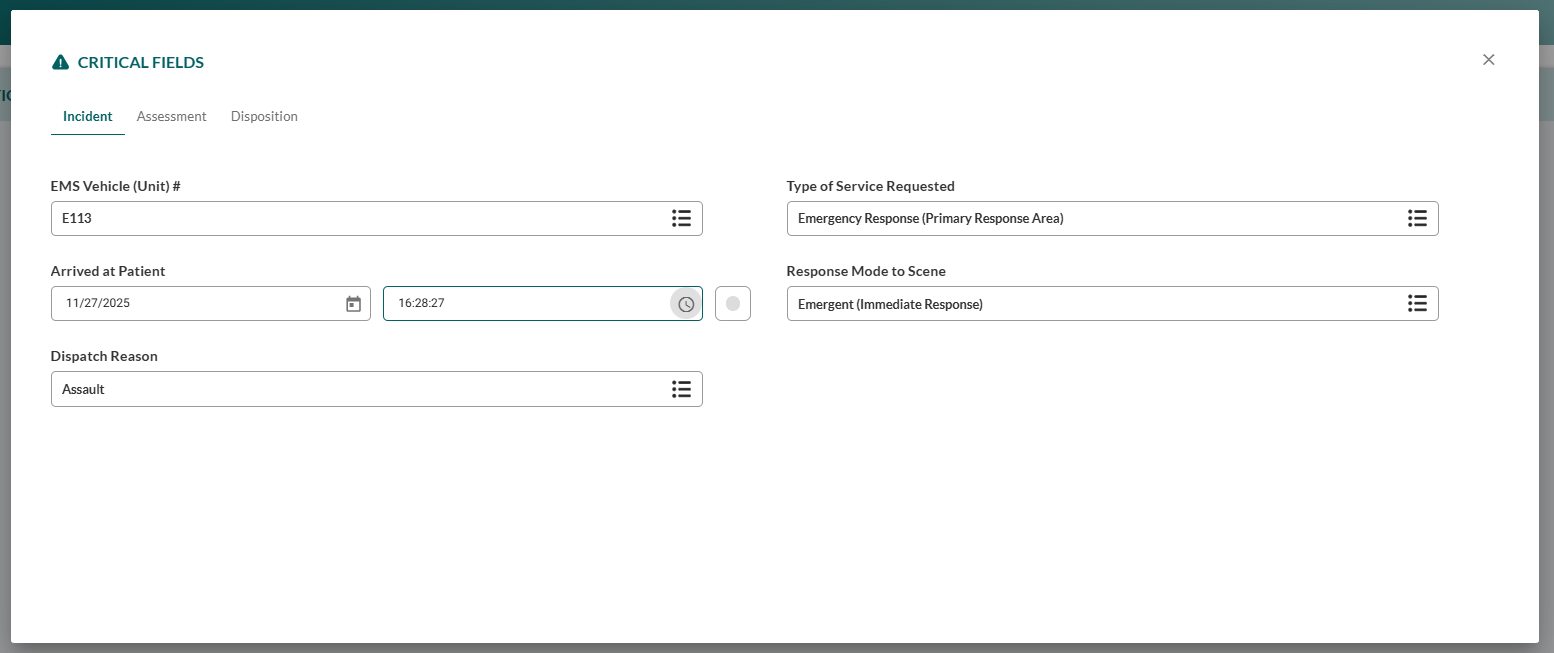 Critical Fields Incident tab showing EMS Vehicle, Type of Service Requested, Arrived at Patient, Response Mode to Scene, and Dispatch Reason fields