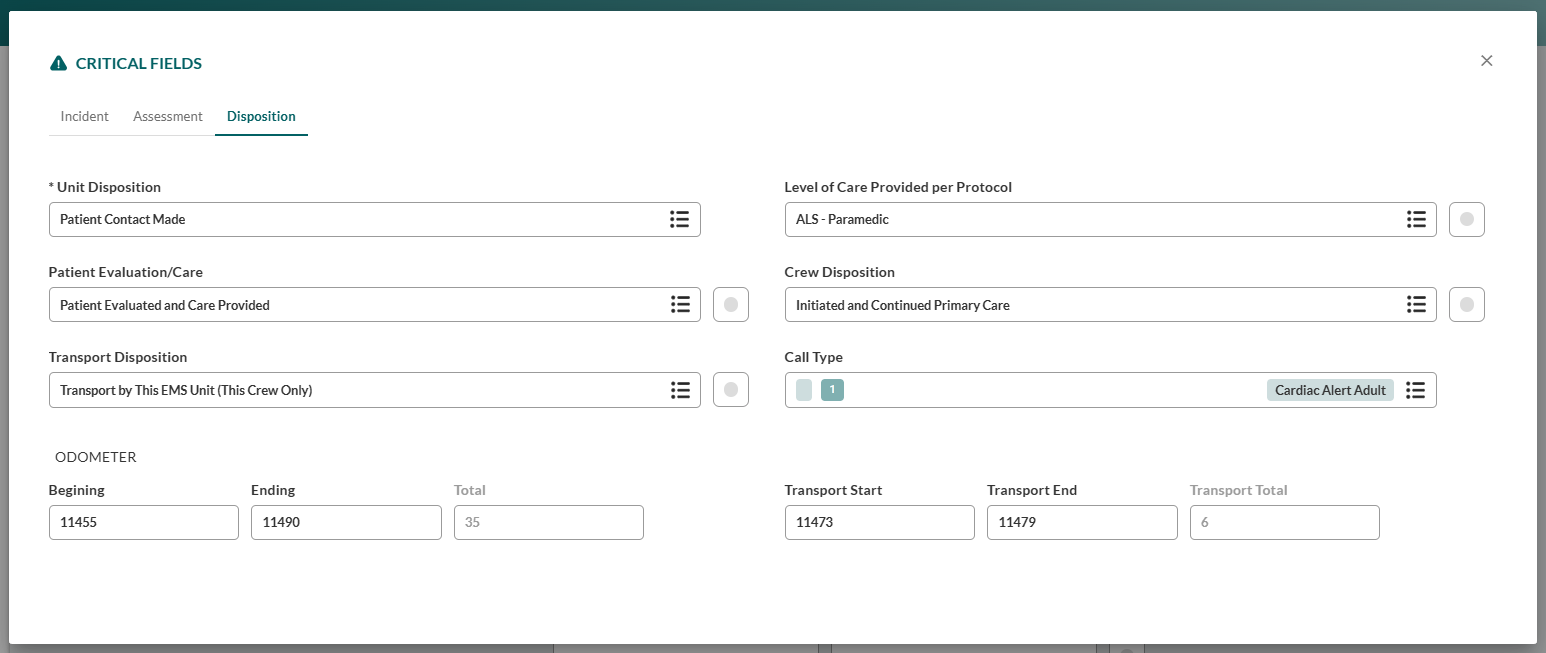 Critical Fields Disposition tab showing Unit Disposition, Level of Care, Patient Evaluation Care, Crew Disposition, Transport Disposition, Call Type, and ODOMETER fields