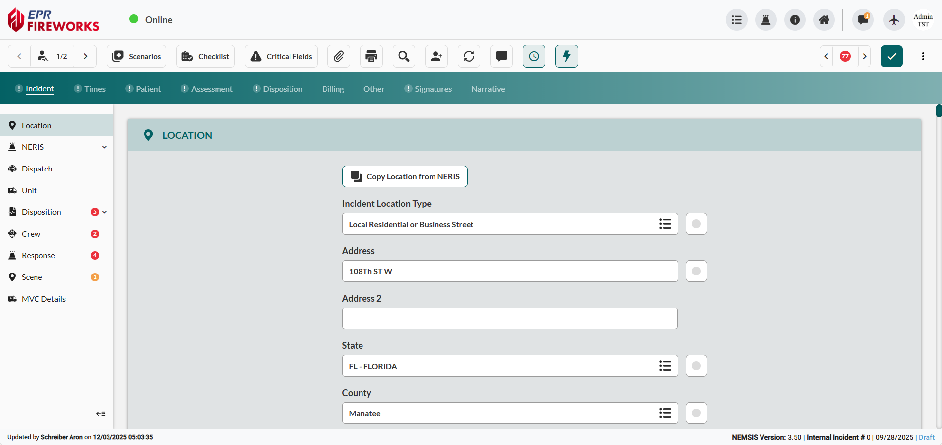 EPR FireWorks ePCR main interface showing upper toolbar with icons, nine navigation tabs (Incident tab active in teal), and left sidebar with hierarchical sections and red validation badges