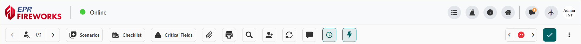 EPR FireWorks ePCR upper toolbar showing left-to-right icon sequence - Scenarios, Checklist, Critical Fields, Quick Actions, Attachments, Print Report, Messenger, Patient Count with navigation arrows, Search Fields, Timeline, Add ePCR, Refresh, Complete, Menu, and Validation Errors counter with red badge