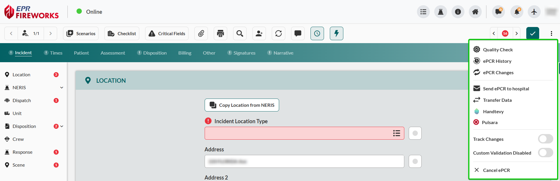 Partial menu appearance displaying Quality Check, ePCR History, ePCR Changes, Send ePCR to Hospital, Transfer Data, Handtevy, Pulsara, Track Changes, Custom Validation Disabled off