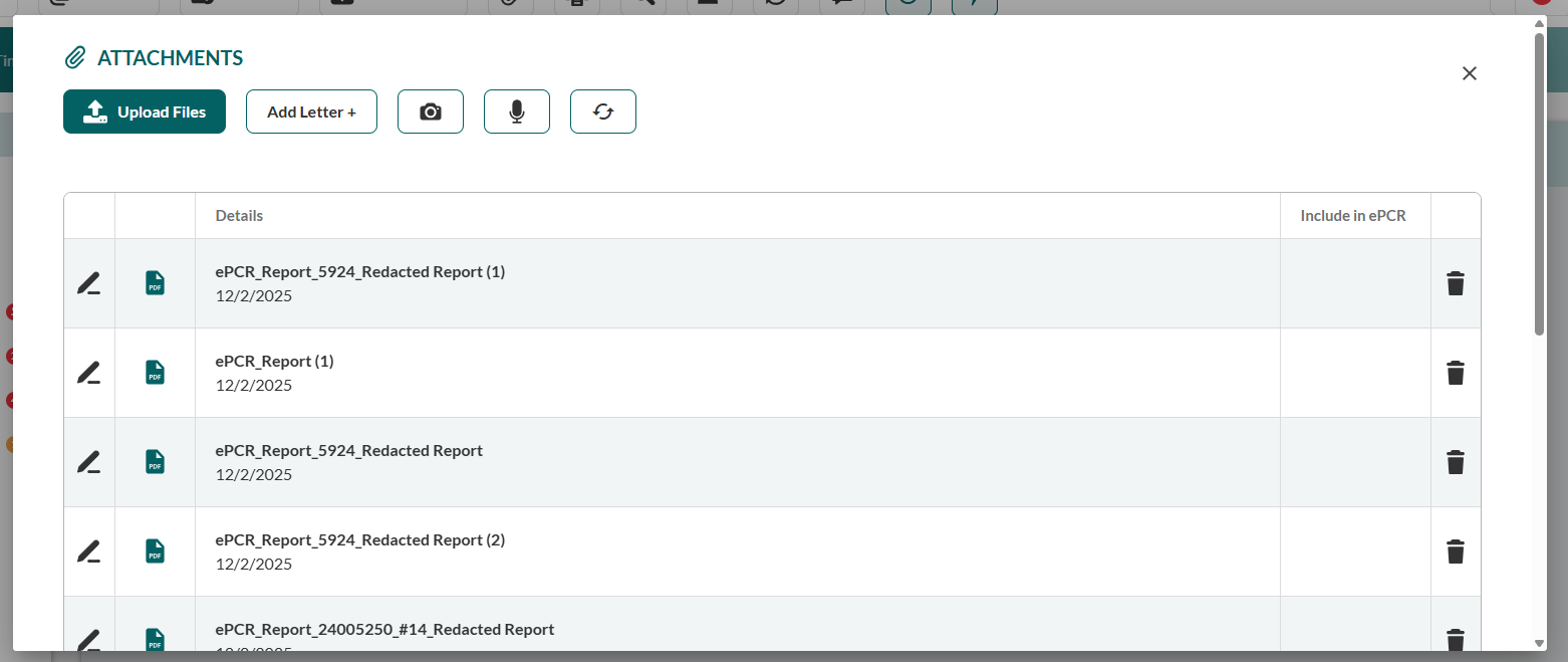 EPR FireWorks Attachments modal displaying action buttons across top including Upload Files (folder icon), Add Letter (plus icon), camera icon for photo capture, microphone icon for audio recording, and refresh button (circular arrows). Attachment list table below shows columns for Type, Name, Date Added, and Actions with existing signature files displayed. Close button in upper right corner.
