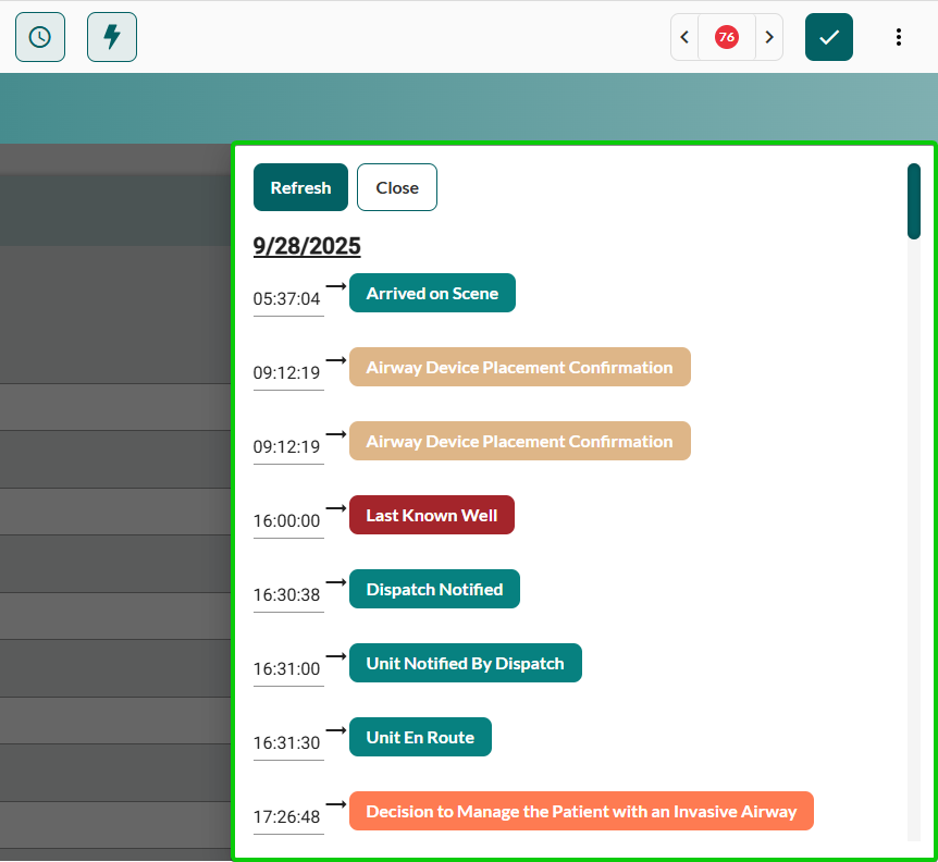 EPR FireWorks Timeline sidebar showing chronological list of timestamped events including unit dispatch, patient contact, vital signs capture, medication administration, and transport milestones. Each entry displays timestamp in 24-hour format, event type, and relevant details. Refresh button with circular arrow icon at top. Collapse arrow in upper left corner