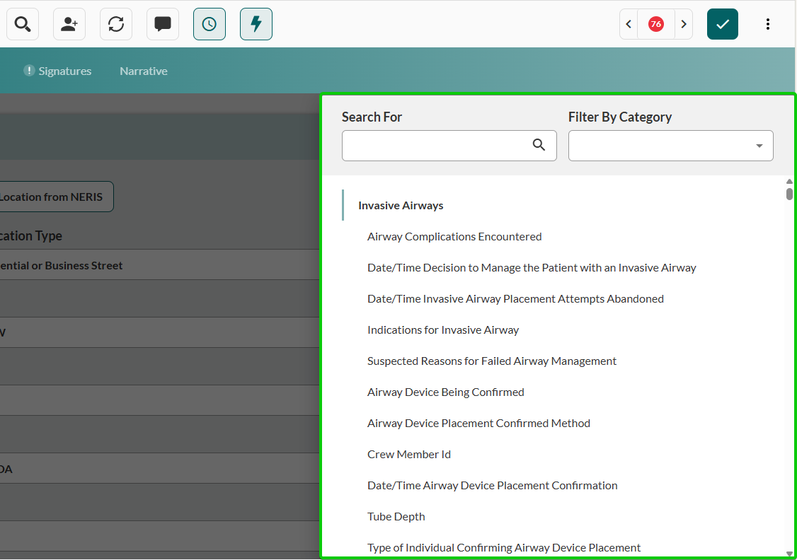 Search Fields sidebar showing search bar at top with magnifying glass icon, Filter By Category dropdown menu displaying categories like Invasive Airways and Medication Administration, and scrollable field list below organized alphabetically within categories. Field names displayed in blue hyperlinks for direct navigation. Close button visible in upper right corner