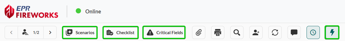 EPR FireWorks top toolbar displaying four Rapid Field Response icons from left to right Critical Fields (triangle-exclamation icon), Quick Actions (lightning bolt icon), Checklists (clipboard icon), and Scenarios (film icon). Icons shown with consistent spacing in main toolbar area.