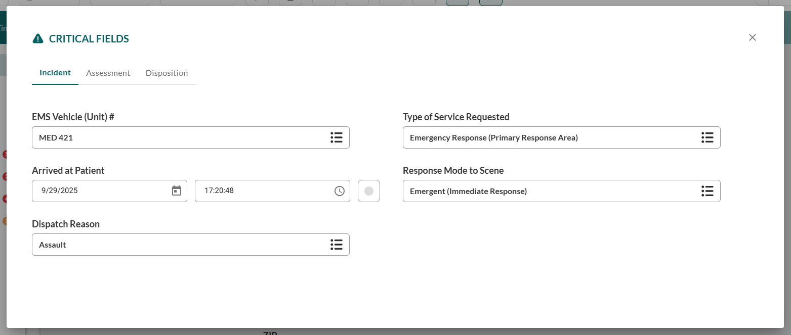  Critical Fields modal displaying three tabs labeled Incident, Assessment, and Disposition. Multiple form fields visible with red asterisks indicating required NEMSIS data. Fields include dropdowns, text inputs, and date time selectors. Auto-save indicator shows fields saving as completed.