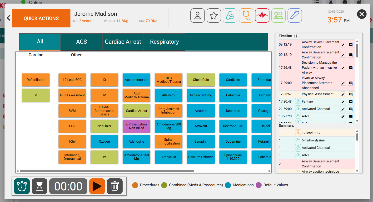 Quick Actions modal open, showing category tabs (All, ACS, Cardiac Arrest, Respiratory) across top, color-coded treatment buttons in center grid, Timeline panel on right displaying timestamped entries, and toolbar icons below tabs for Quick Medications, Quick Procedures, and Quick Vitals.