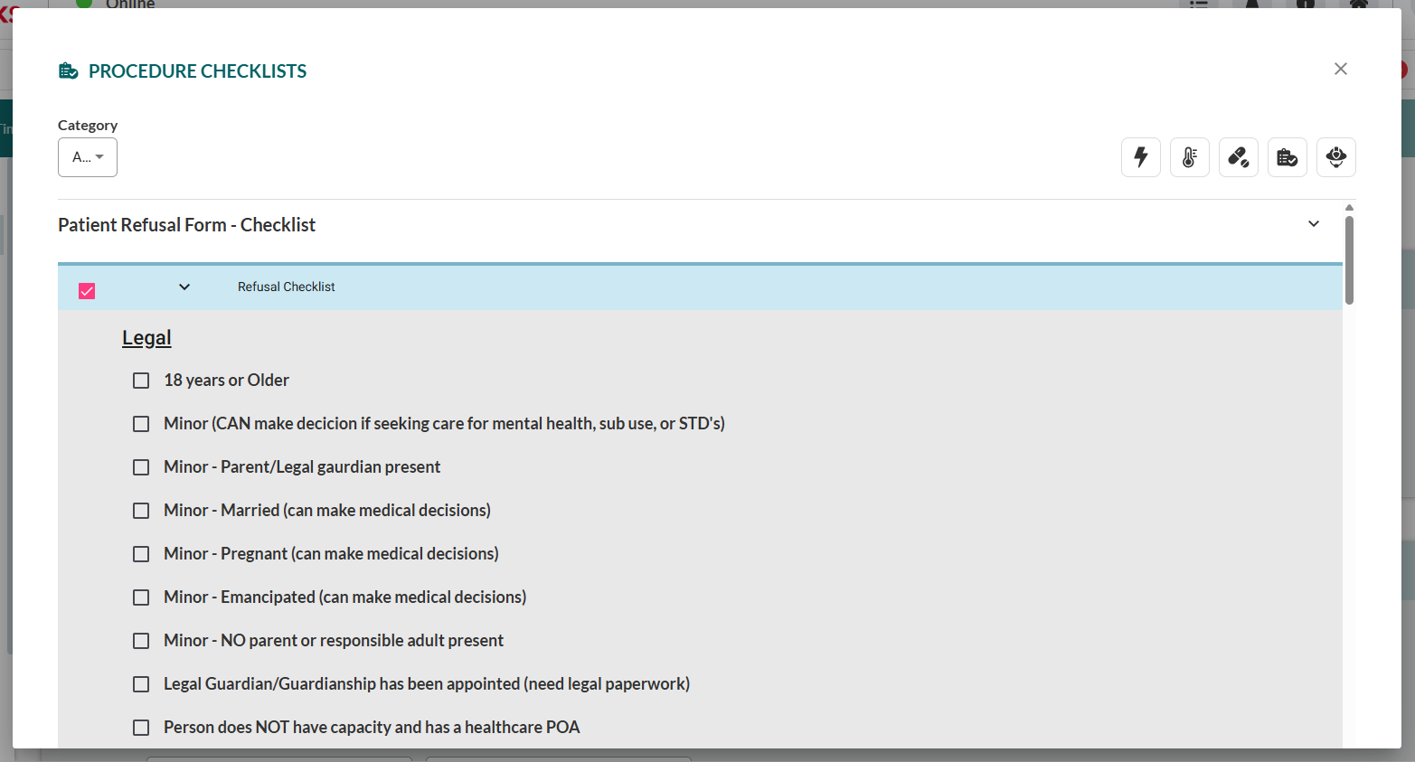 Procedure checklists modal displaying patient refusal form checklist