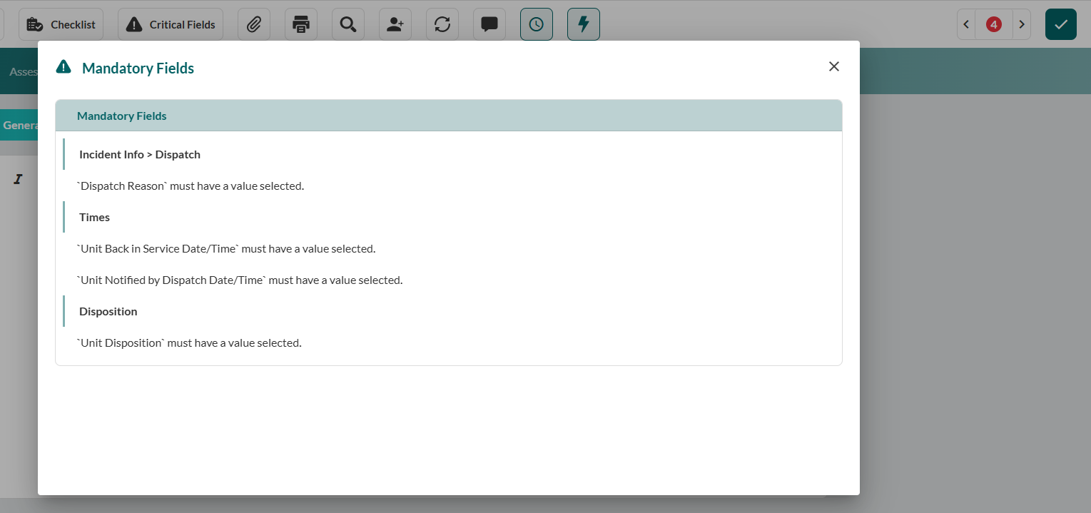 ePCR validation interface showing Completed icon (checkmark) in top right toolbar. Validation panel displays list of incomplete sections with red indicators and Navigate to Tab links. Submit button shown enabled after all validation passes with green checkmark confirmation.
