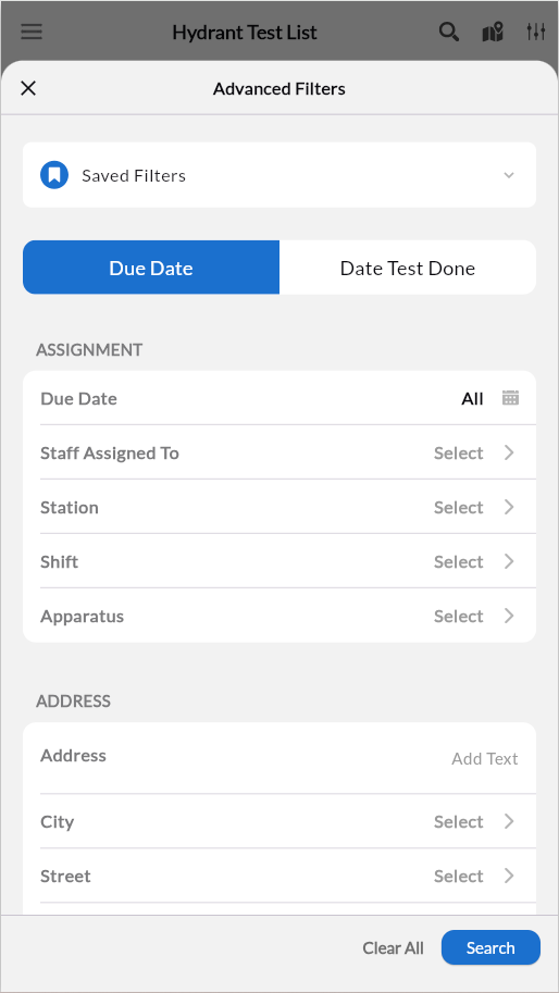 Hydrant Test Advanced Filters modal