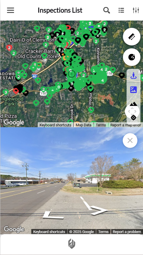 Inspections list Map View with integrated Street View