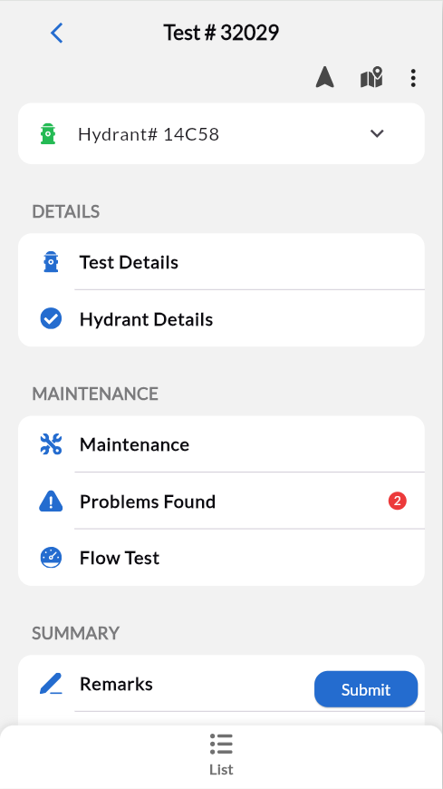 Hydrant testing interface showing NFPA 291 flow test form. Static pressure reading 65 PSI, residual pressure 58 PSI displayed prominently. Flow calculation 850 GPM shown automatically computed. Condition assessment checkboxes for hydrant body, caps, and outlets. Photo documentation area shows 'Add photos of damage' button. Schedule maintenance button at bottom. 