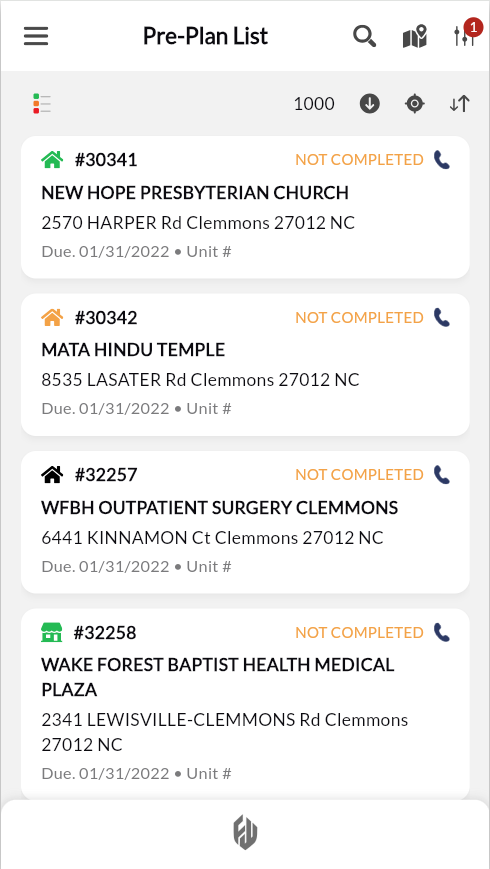 iPhone showing FireWorks PRO preplans organized by property. Each inspection card displays property name, address, due date, completion status, and assigned inspector. 'NOT COMPLETED' status prominently visible. Bottom navigation bar provides quick access to all FireWorks modules.