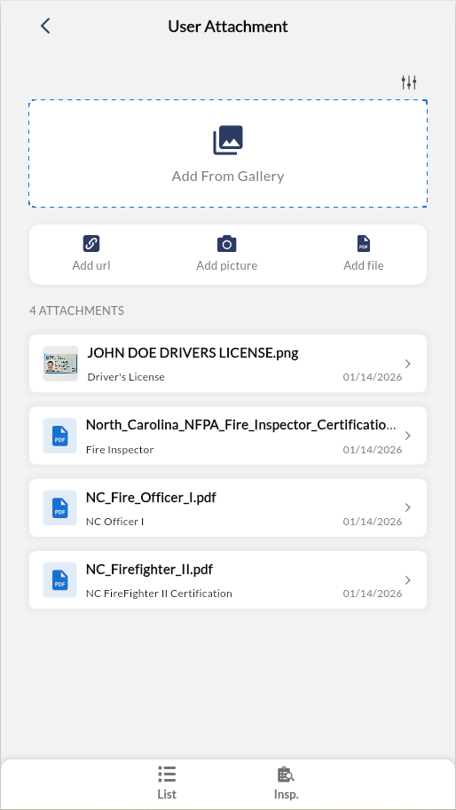 user attachments interface with driver's licenses and personal certification