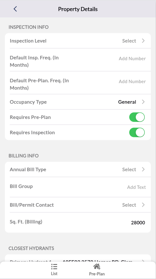 Property Details showing Inspection Info Requires Pre-Plan
