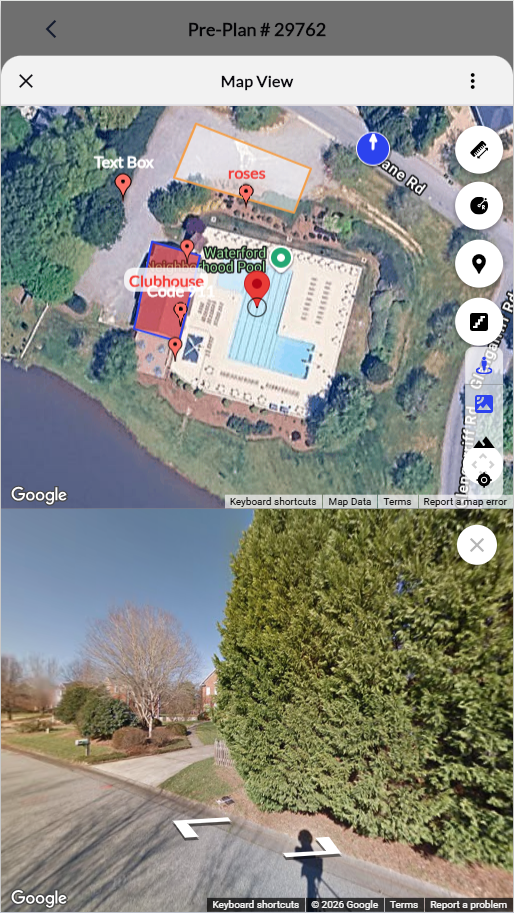 Map View showing property boundaries with satellite imagery. Multiple tactical markers visible, and Street View visibly open