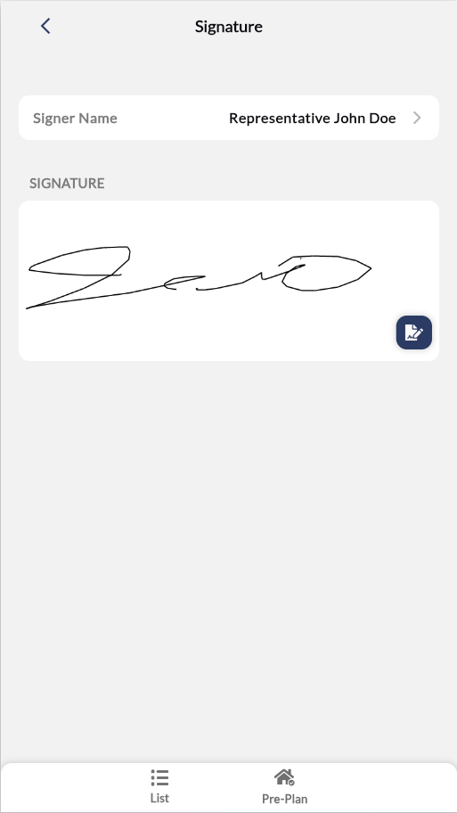 Signature capture screen showing completed signature in black ink on white background. 