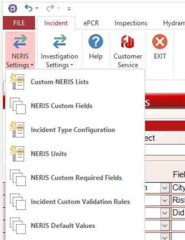 NERIS Default Values page showing the Scenario field location and double-click action