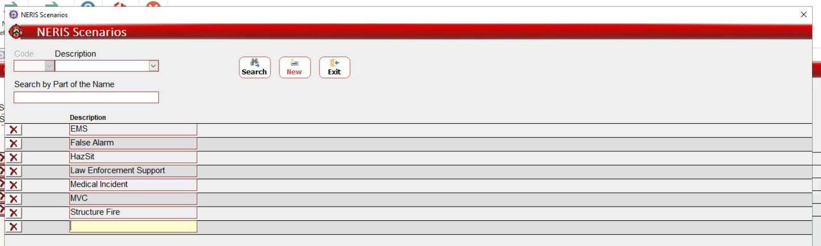NERIS Scenarios window showing the New button, empty row, and text entry field for scenario name