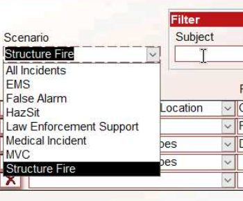 NERIS Default Values page with Scenario dropdown expanded showing available scenarios