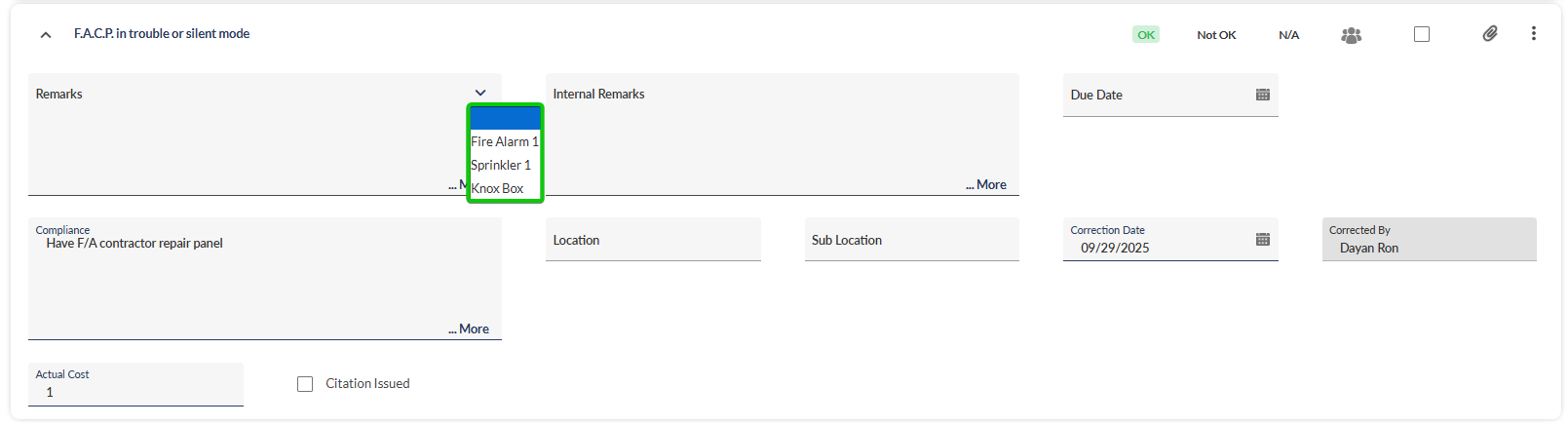 Inspections Violations interface showing the expanded remarks preset dropdown