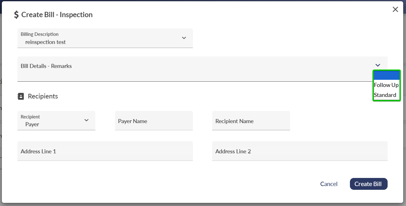 Billing interface showing the expanded remarks preset dropdown