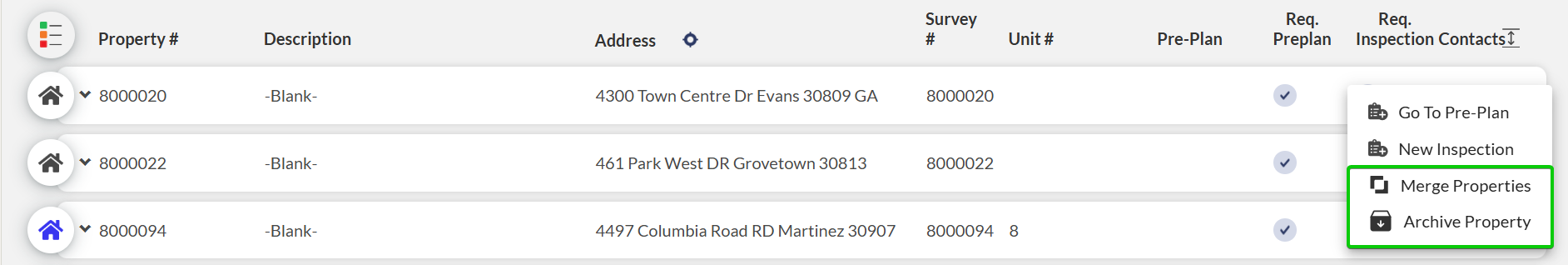 properties list with actions list open