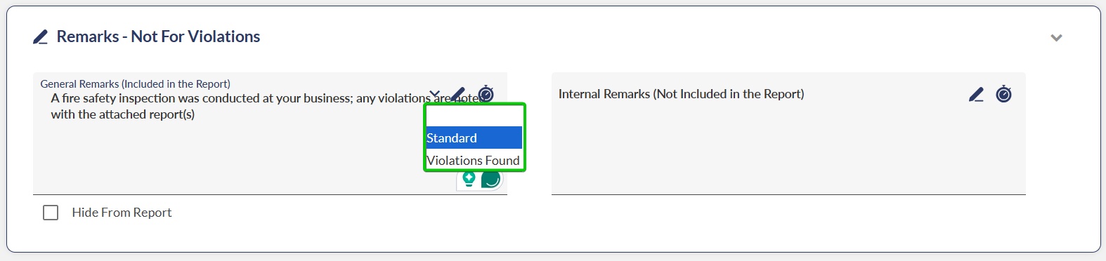 Inspections Remarks interface showing the expanded remarks preset dropdown