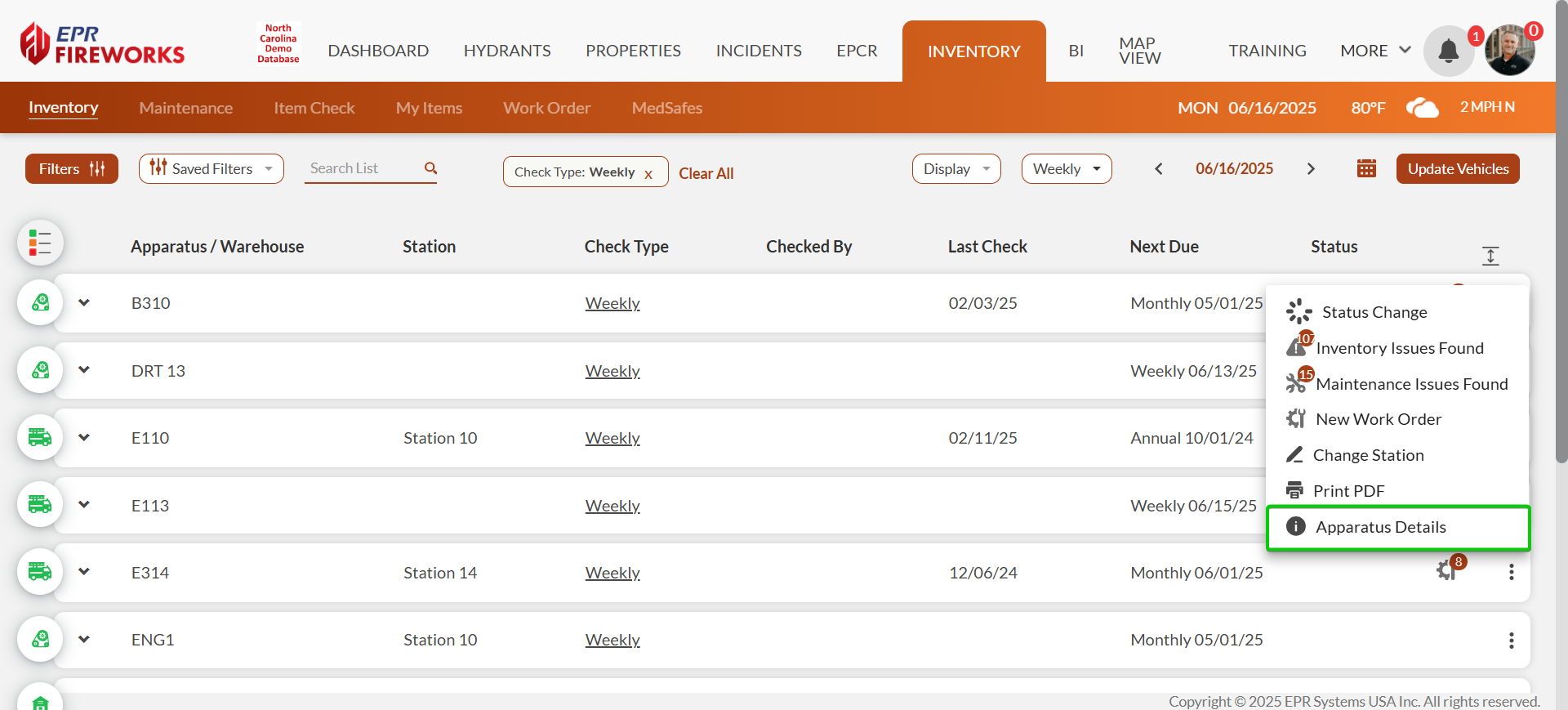 Three-dot menu access to apparatus details