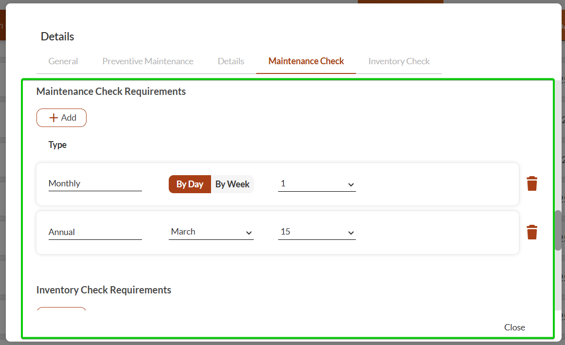 Inventory-MAintenance Check Requirements